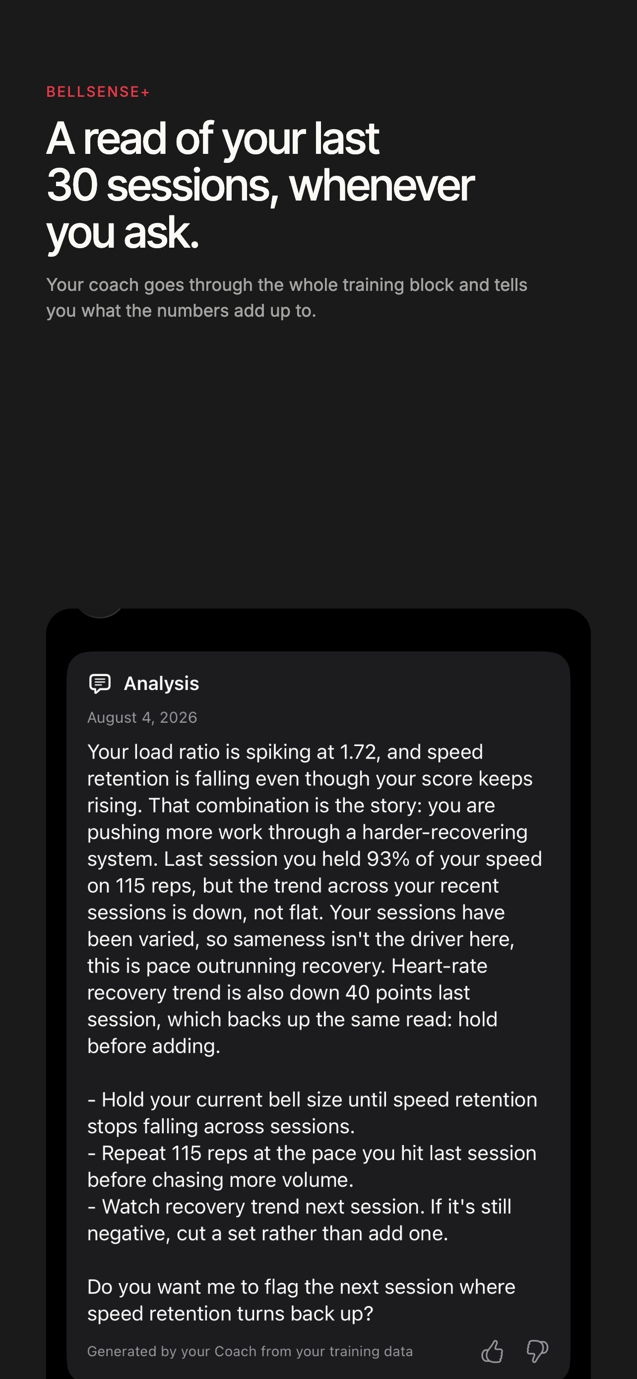 BellSense+: a read of your last 30 sessions, whenever you ask.
