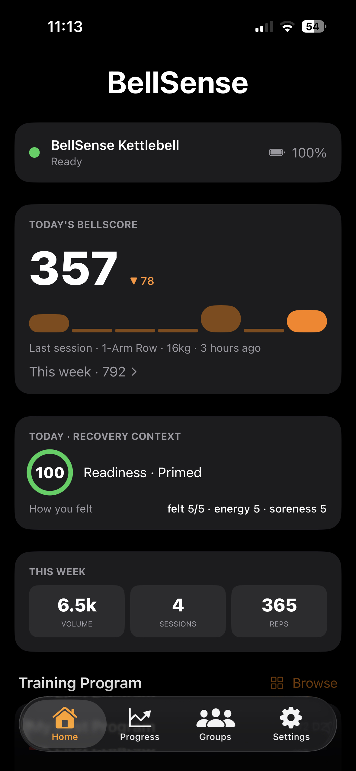 BellSense home screen — kettlebell connected, today's BellScore, and readiness